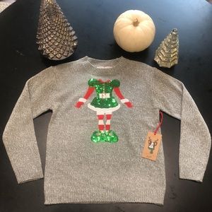 Poof Girl Merry Christmas Elf Sequin Silver Grey Sweater